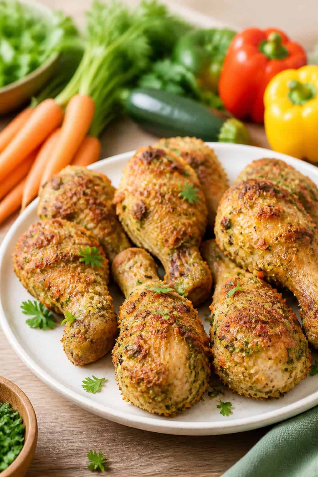 Golden-baked chicken drumsticks with faint flecks of orange carrot and dark green spinach visible in the breadcrumb coating, garnished with fresh parsley, with raw vegetables arranged around the plate.