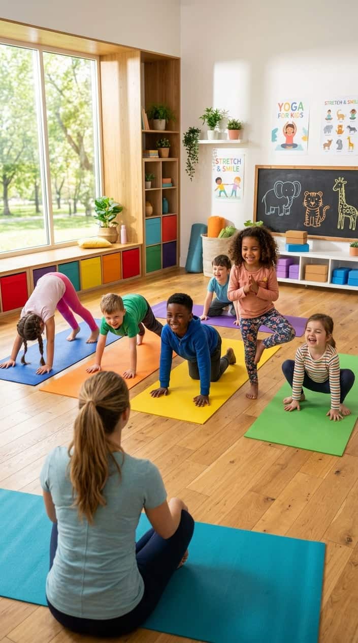 Children practicing animal-inspired yoga poses together in a bright, spacious indoor room.