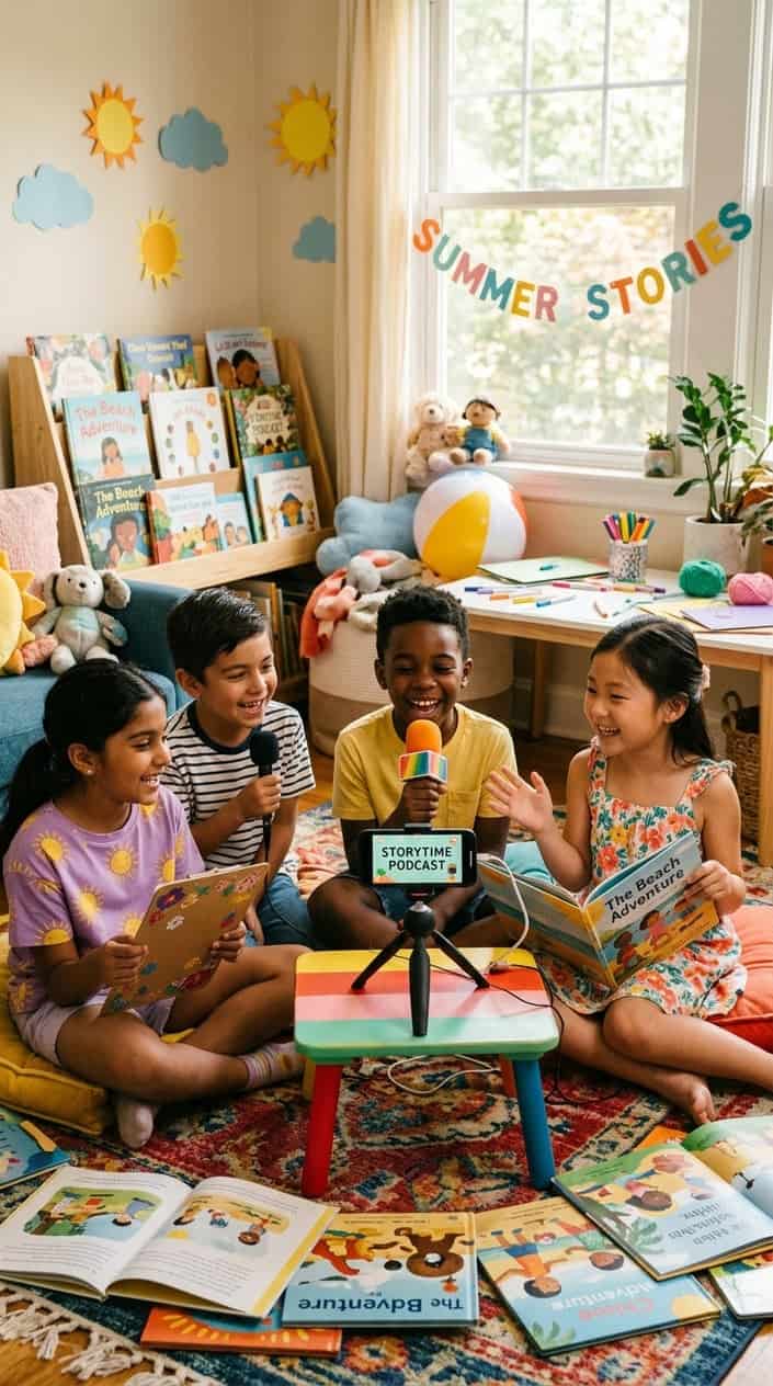 Summer Activities for Kids Beyond Going Outside 8 A group of children indoors recording a storytime podcast with a smartphone, surrounded by books and summer-themed decorations.