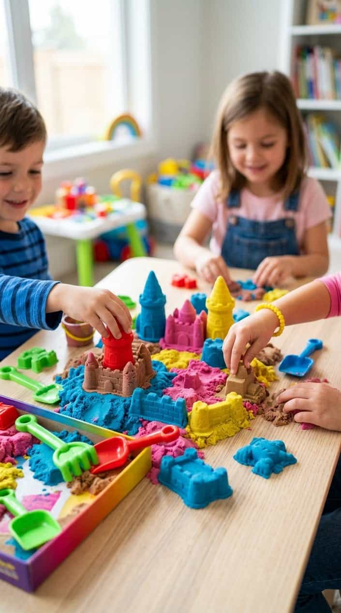 Children playing with a colorful kinetic sand beach playset, building sandcastles and shapes with various tools.