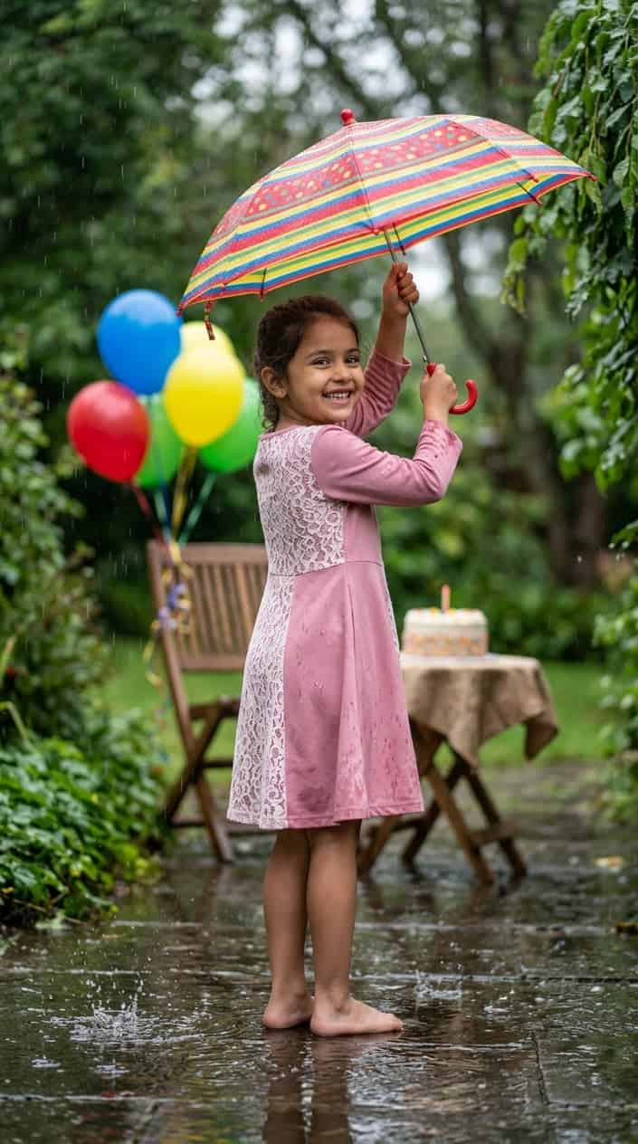 Little Girl Dress Styles for a Rainy Birthday Party 6 A young girl in a dress holding an umbrella outdoors on a rainy day with birthday decorations nearby.