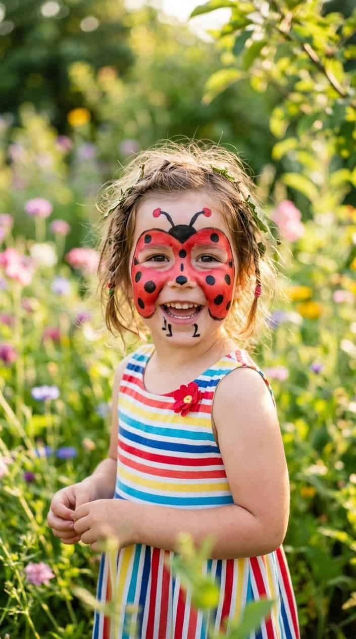 Simple Face Painting Ideas for Kids 2 A smiling child with a ladybug face painting outdoors surrounded by greenery and flowers.