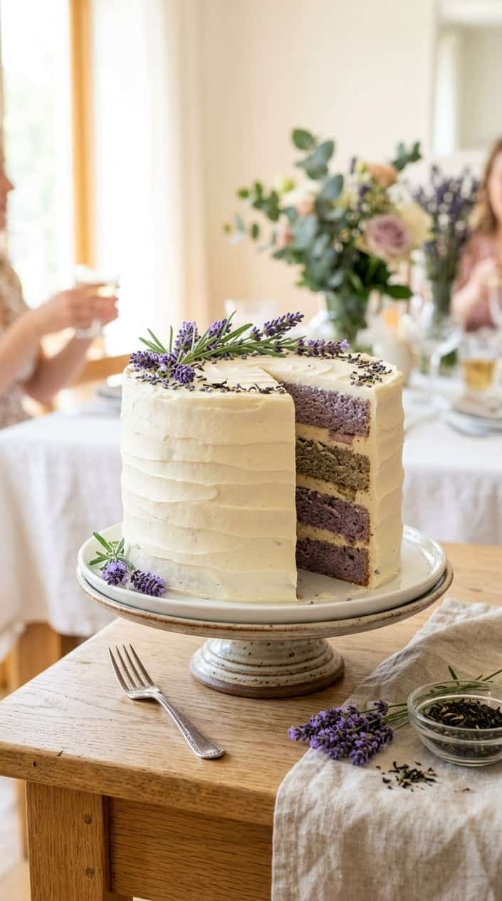 A layered lavender and cream cake topped with smooth white frosting and decorated with lavender sprigs on a bright table.
