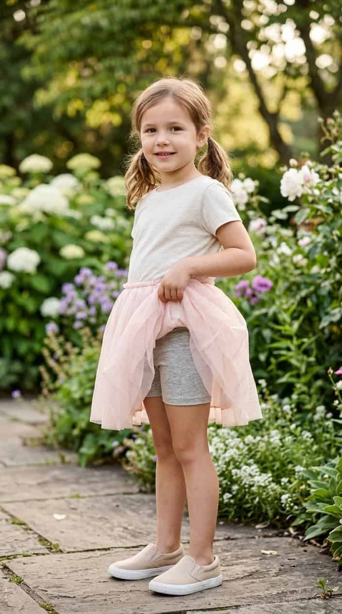 Little Girl Outfits She Won't Refuse to Wear 13 A young girl outdoors wearing a layered tulle skirt with a cotton undershort, smiling and gently lifting her skirt.