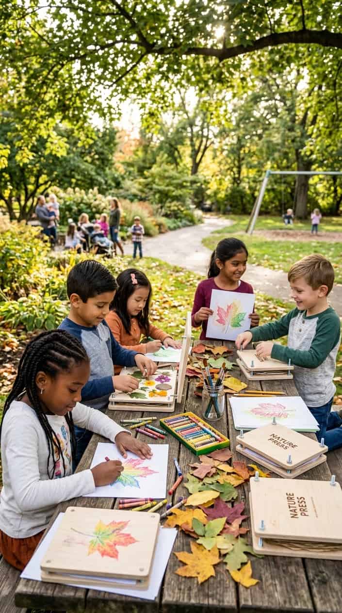 Children outdoors making leaf rubbings and pressing plants at a wooden table surrounded by green trees and natural light.