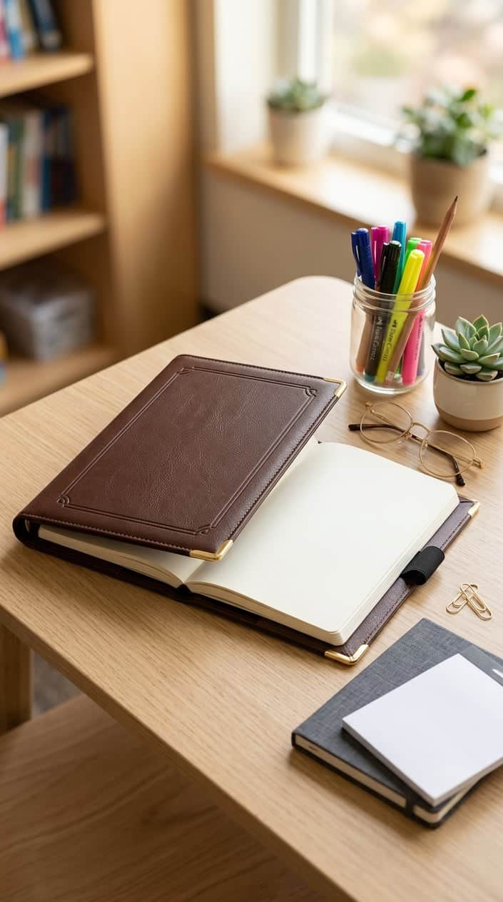 An A5 leatherette teacher planner cover on a desk surrounded by pens, glasses, a plant, and notebooks.