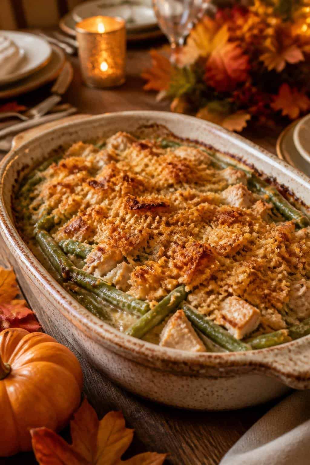 A baked green bean and turkey casserole in a white ceramic dish on a wooden table, with warm autumn-toned decorations in soft focus in the background.