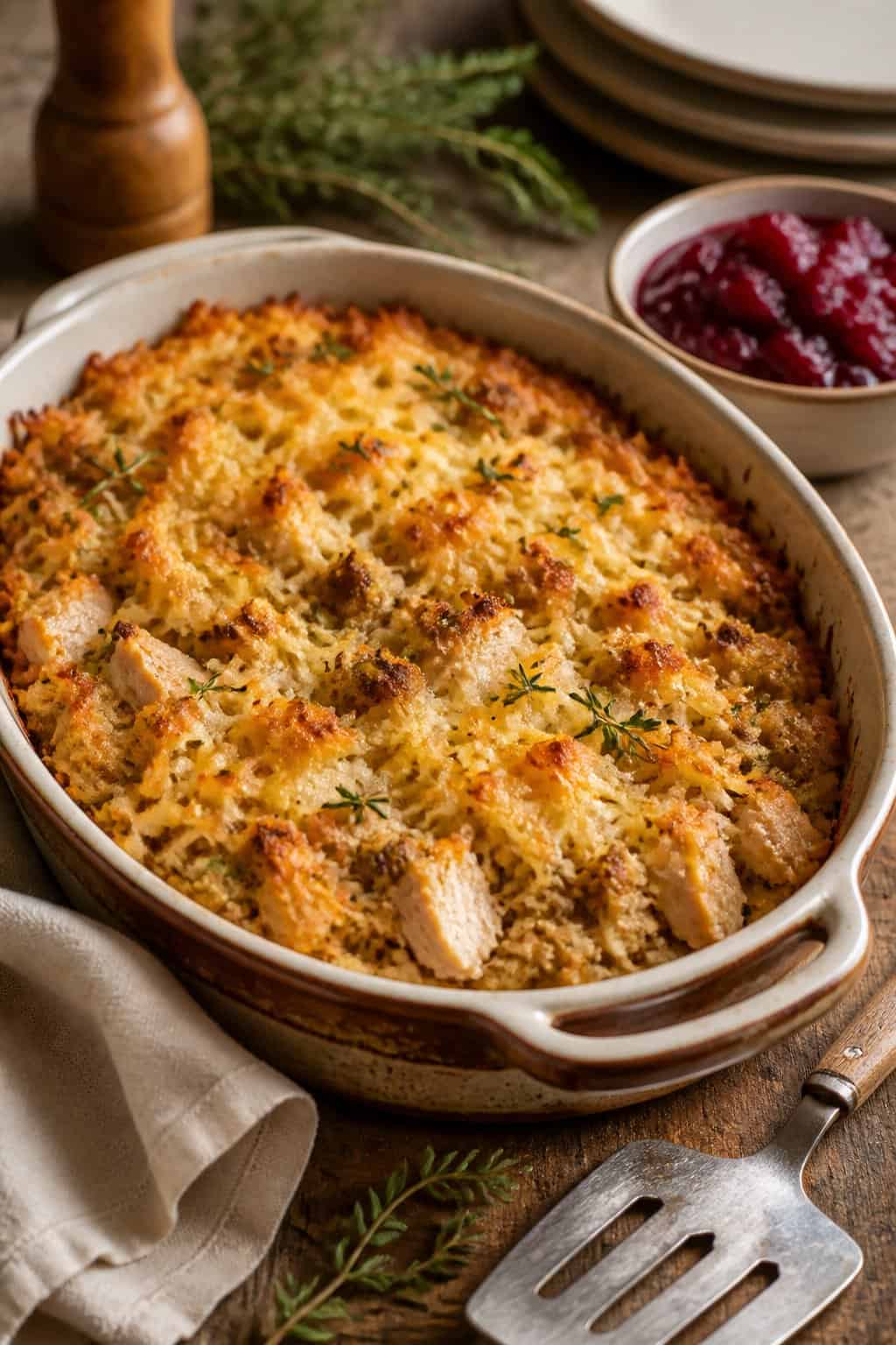 A golden brown hashbrown casserole with turkey and stuffing in a baking dish on a wooden table, garnished with herbs and accompanied by cranberry sauce.