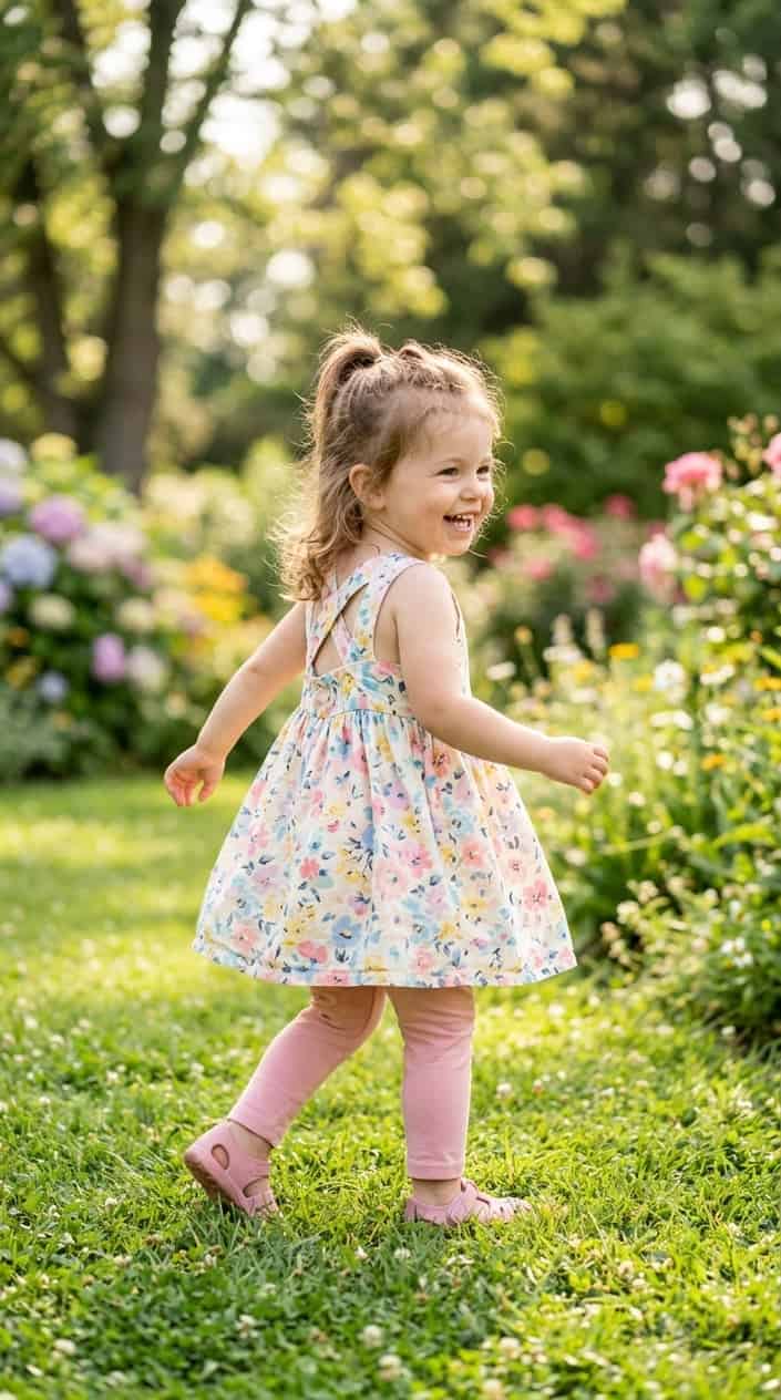 12 Cute Summer Dress Ideas for Toddler Girls Who Hate Wearing Dresses 13 A toddler girl playing outside in a summer dress with leggings, standing in a green park on a sunny day.