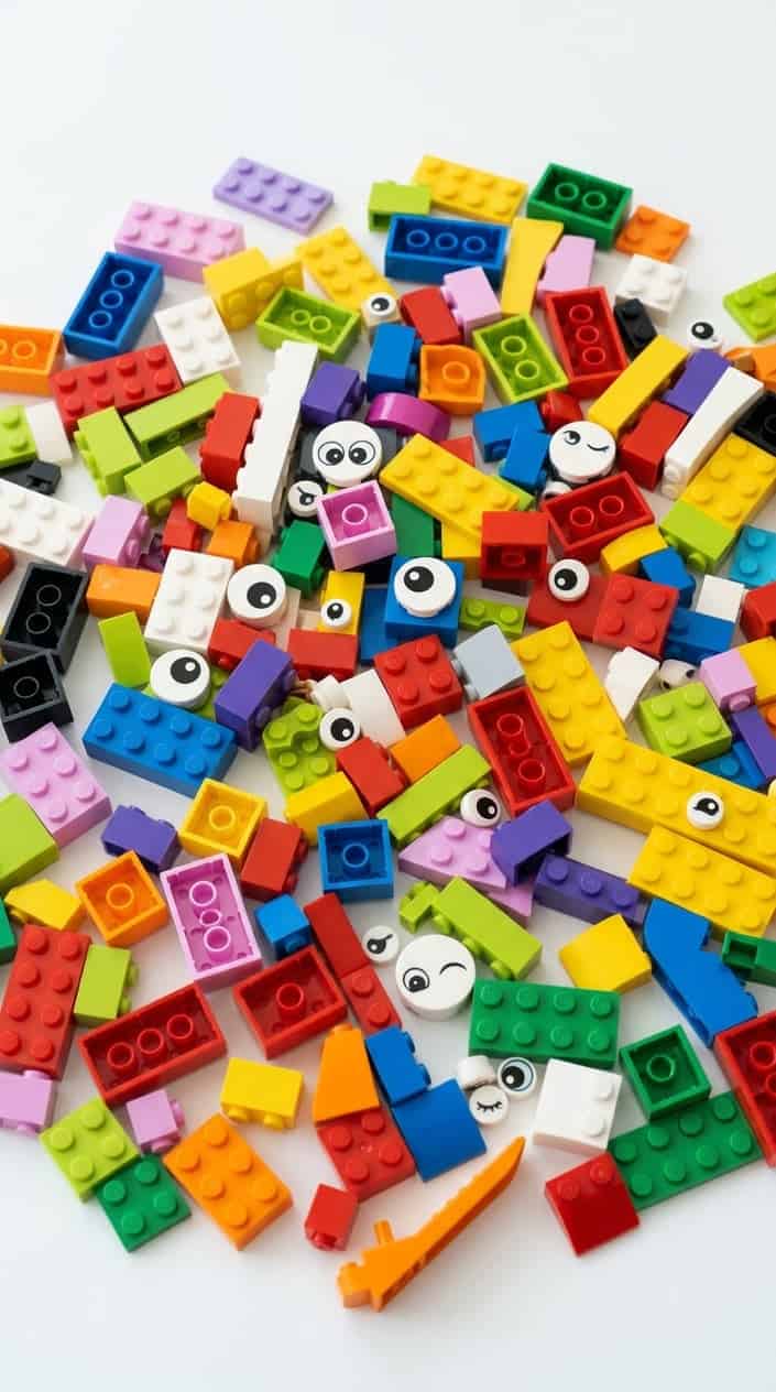 Colorful LEGO bricks and eyes pieces scattered on a white surface.