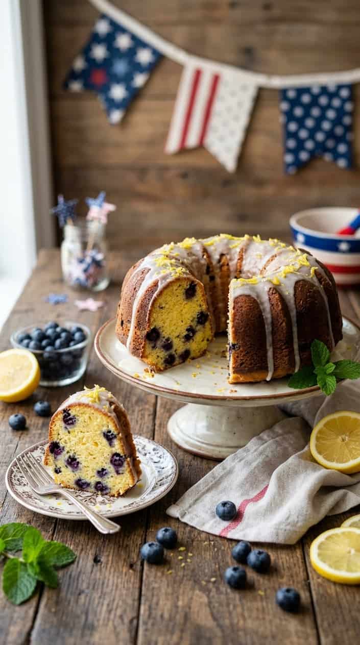 A sliced lemon blueberry pound cake on a wooden table with fresh blueberries, lemon halves, and mint leaves, surrounded by subtle red, white, and blue decorations.