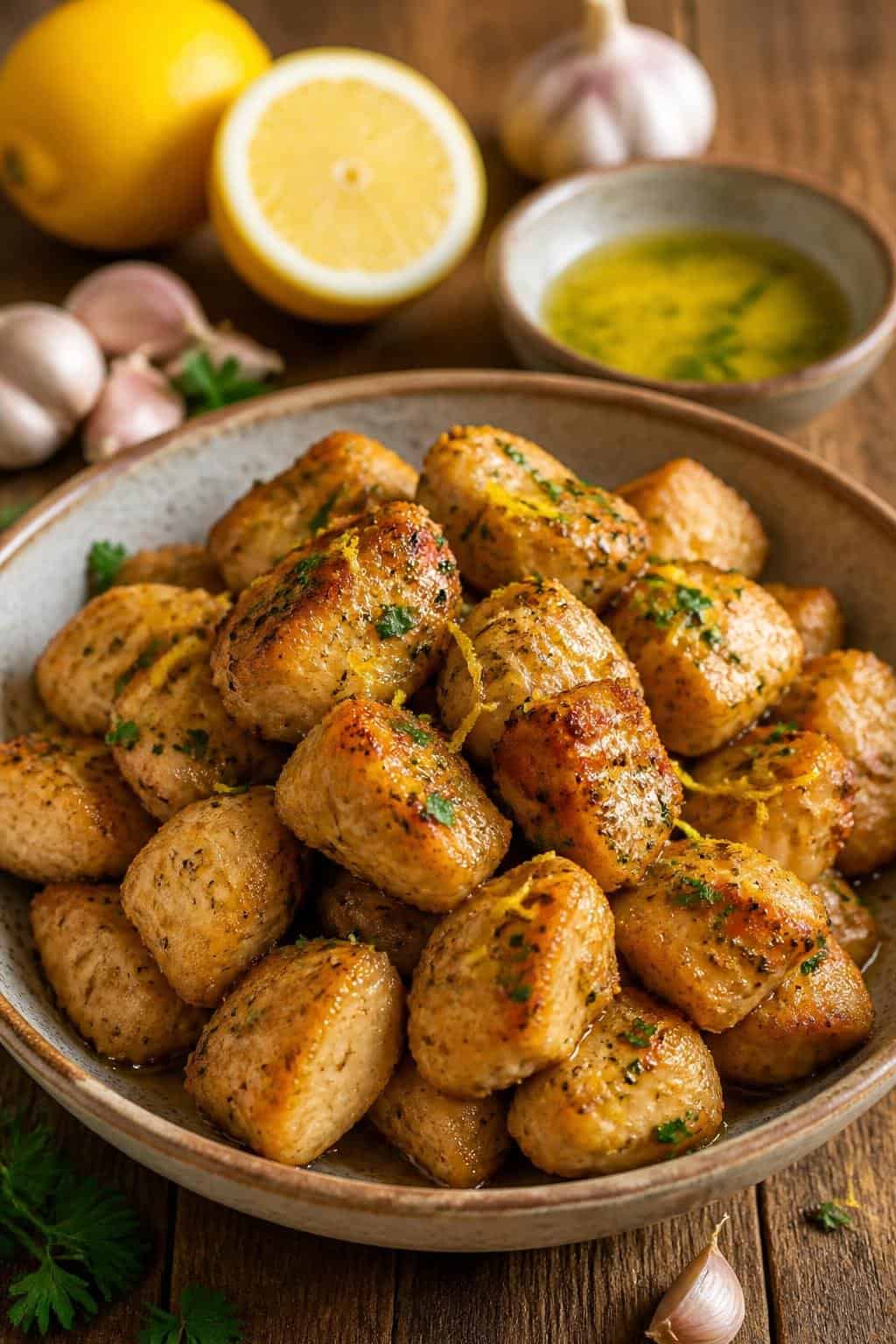 A plate of golden lemon-butter garlic chicken bites garnished with parsley and lemon zest on a wooden table.