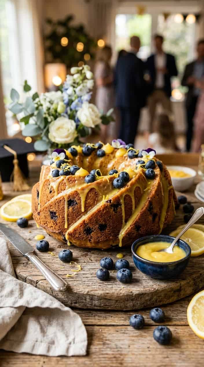 Graduation Cake Ideas Beyond the School Mascot 4 A rustic bundt cake topped with lemon glaze and fresh blueberries on a wooden board, surrounded by lemon slices and a bowl of lemon curd.