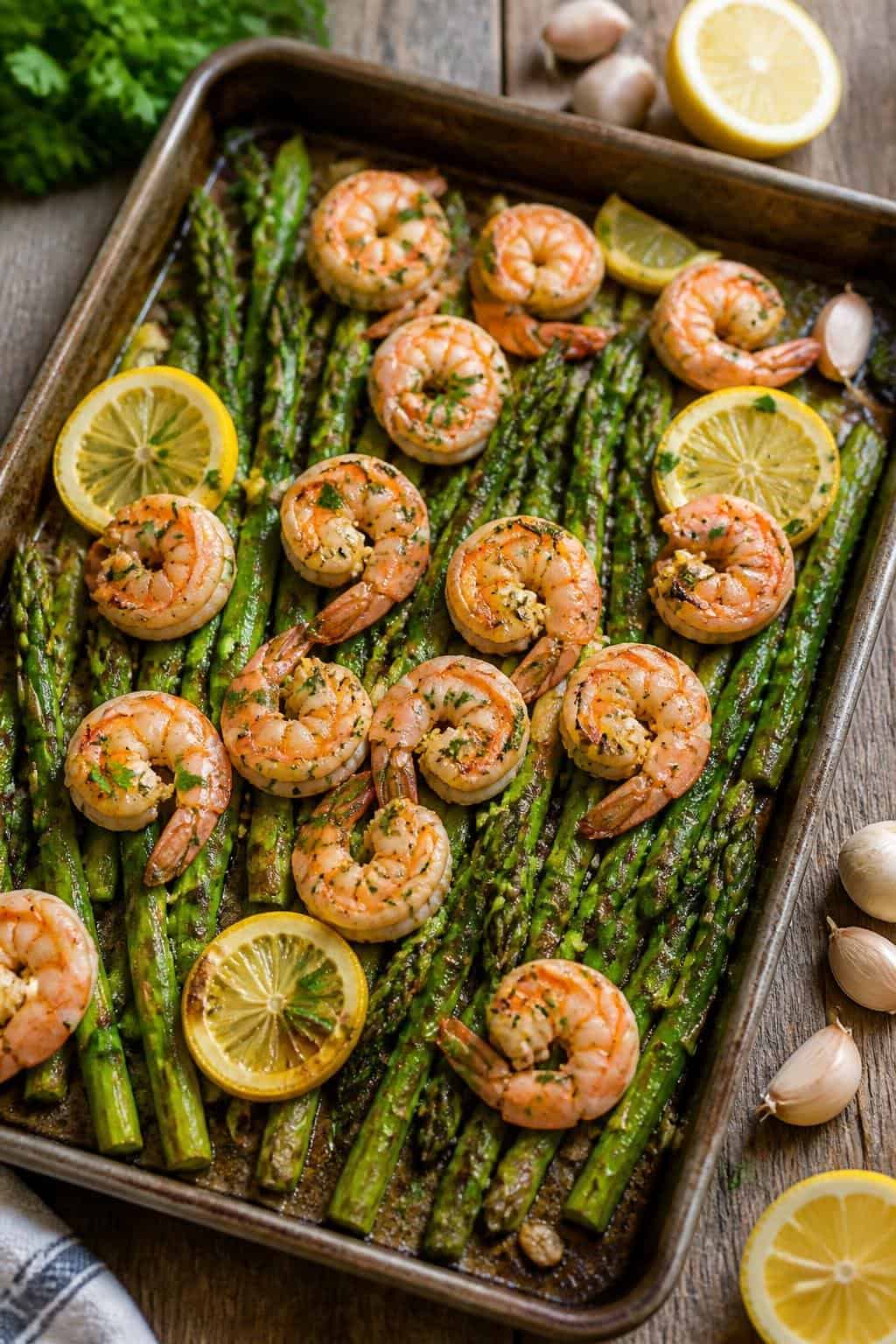 Plump pink shrimp and bright green asparagus spears roasted on a foil-lined sheet pan, garnished with thin lemon rounds and fresh parsley, set on a pale wooden surface.