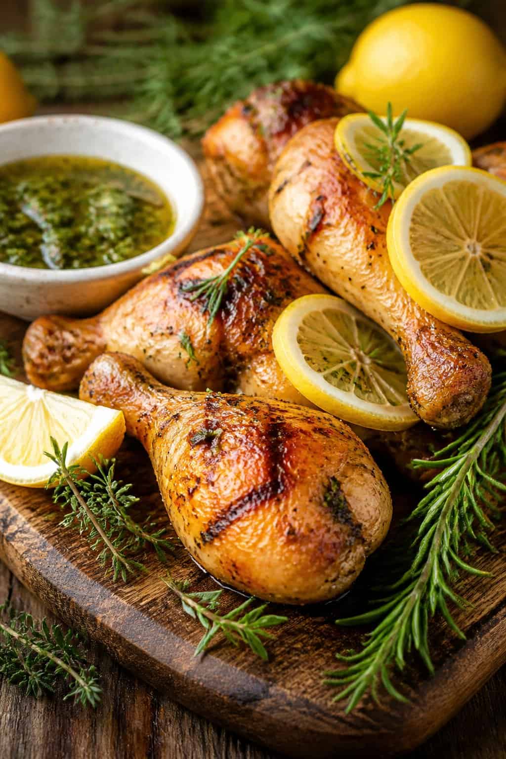 Char-marked grilled chicken drumsticks arranged on a rough wooden board with bright lemon wedges, sprigs of fresh thyme, and a small green herb sauce on the side.