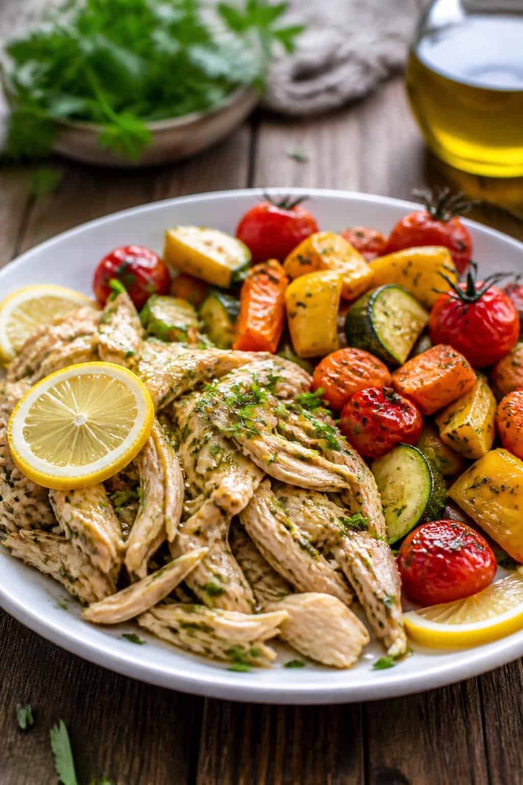 A white plate on a wooden table with lemon-herb shredded chicken resting alongside caramelized roasted carrots, zucchini coins, strips of red bell pepper, and blistered cherry tomatoes, with a sprinkle of fresh flat-leaf parsley.