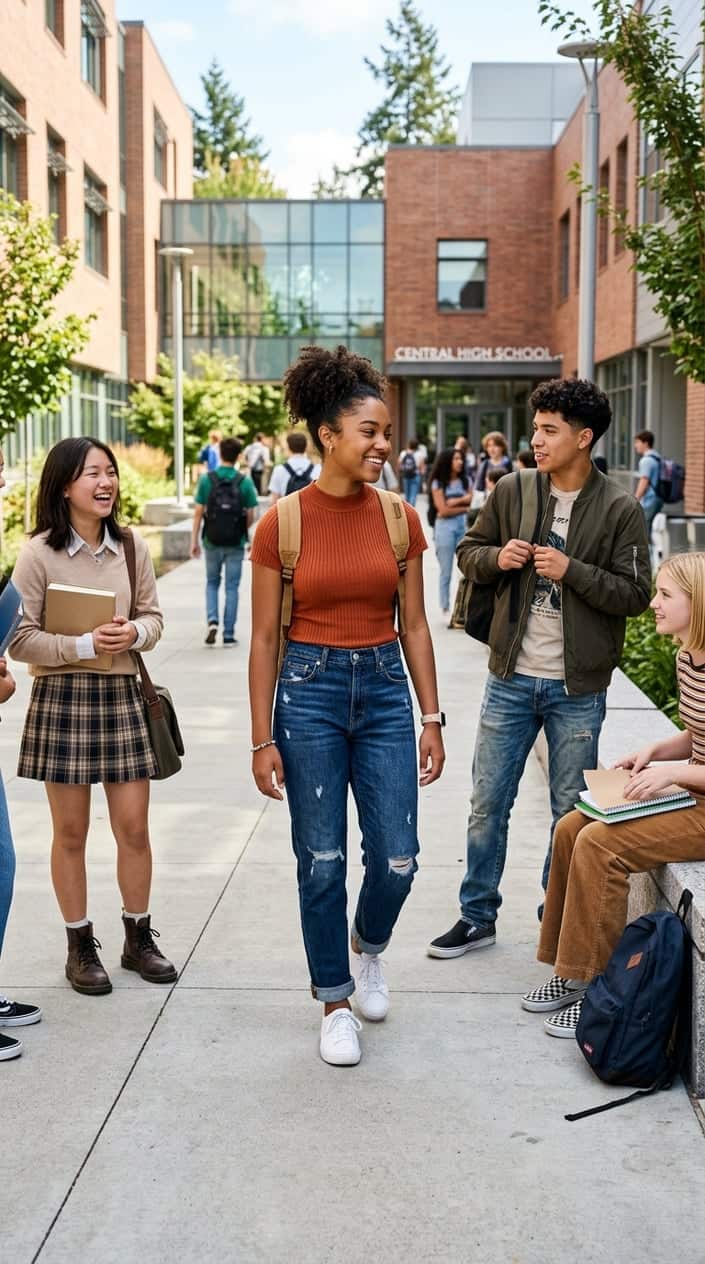 A group of teenagers in casual back-to-school outfits with one wearing classic Levi's 501 jeans, standing outside near a school building.