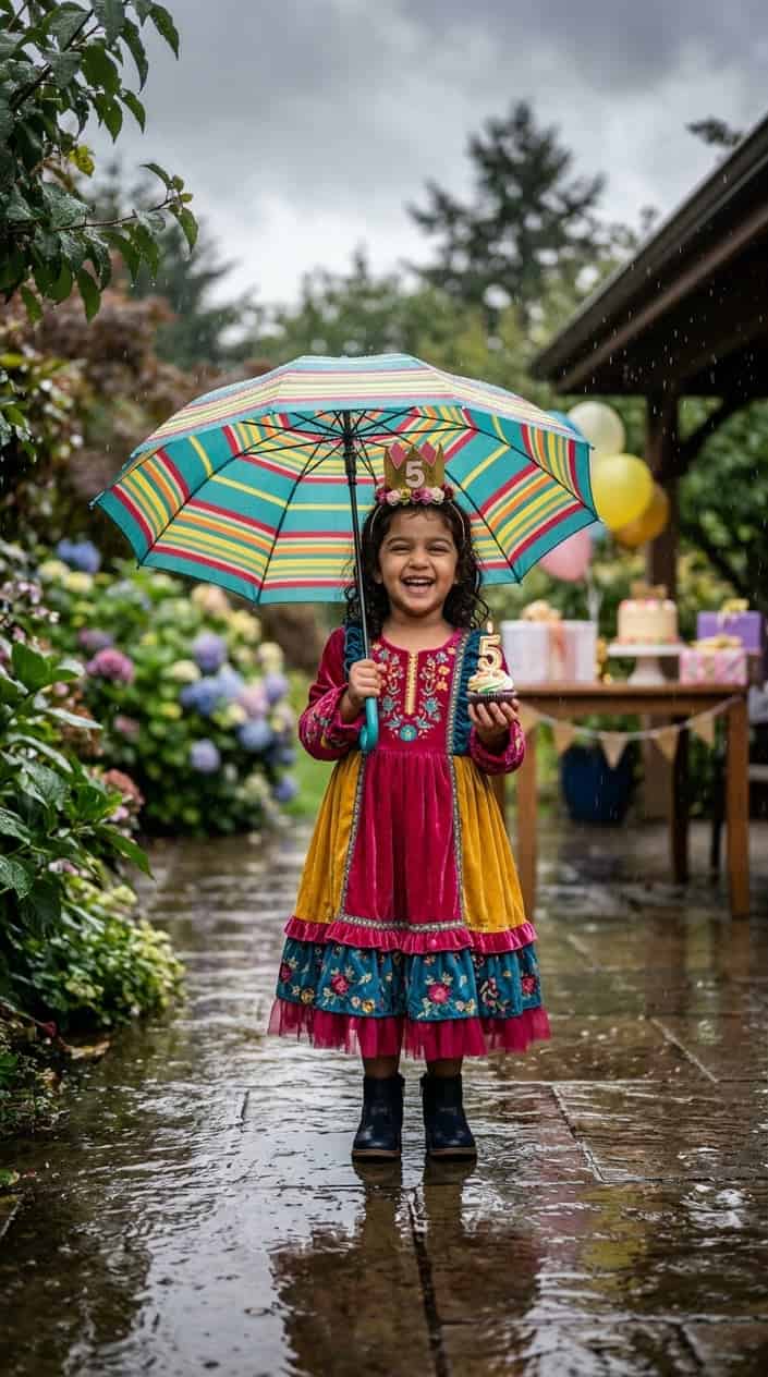 Little Girl Dress Styles for a Rainy Birthday Party 18 A little girl wearing a colorful dress stands under an umbrella on a rainy day, surrounded by wet pavement and raindrops.