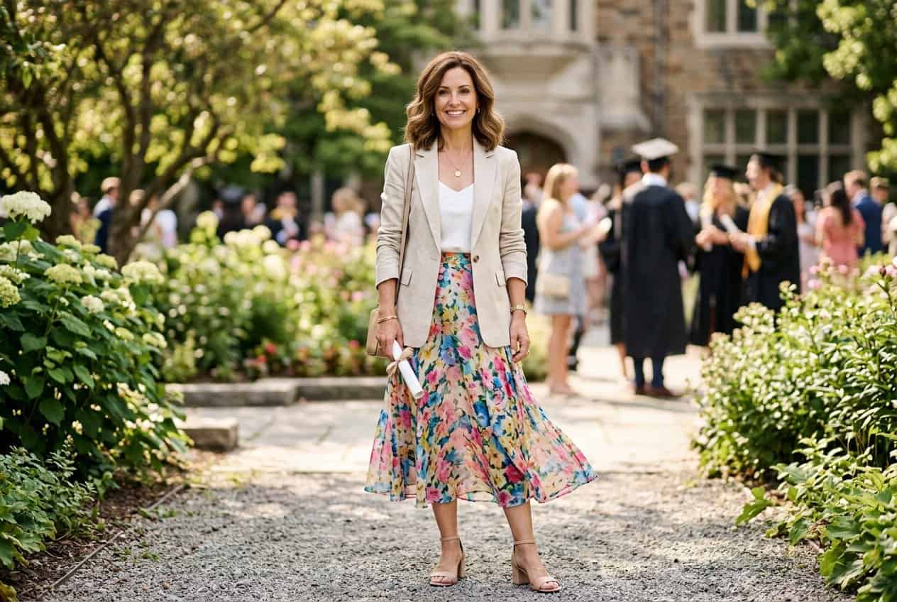 15 Mom Graduation Outfit Ideas to Shine With Style and Comfort 47 A woman standing in front of a soft-focus garden background wearing a pastel blazer over a floral midi skirt with a scattered small-print pattern, smiling.