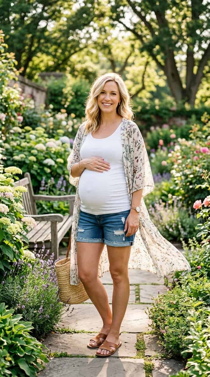 Pregnancy Outfits for a Hot Summer 16 Pregnant woman outdoors wearing a lightweight kimono cover-up, gently holding her baby bump on a sunny summer day.