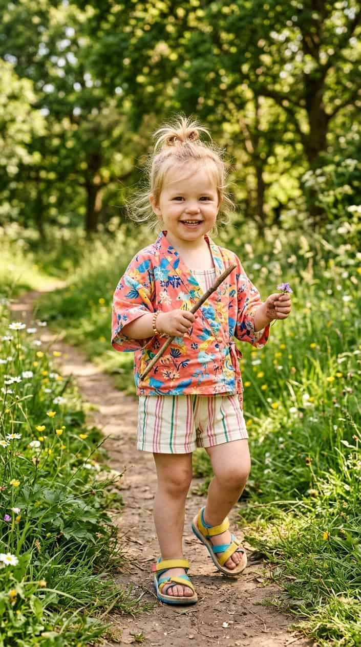 Easy Mix-and-Match Toddler Girl Summer Outfits 12 A toddler girl outdoors wearing a lightweight kimono, playsuit, and rubber-soled sandals on a sunny day.