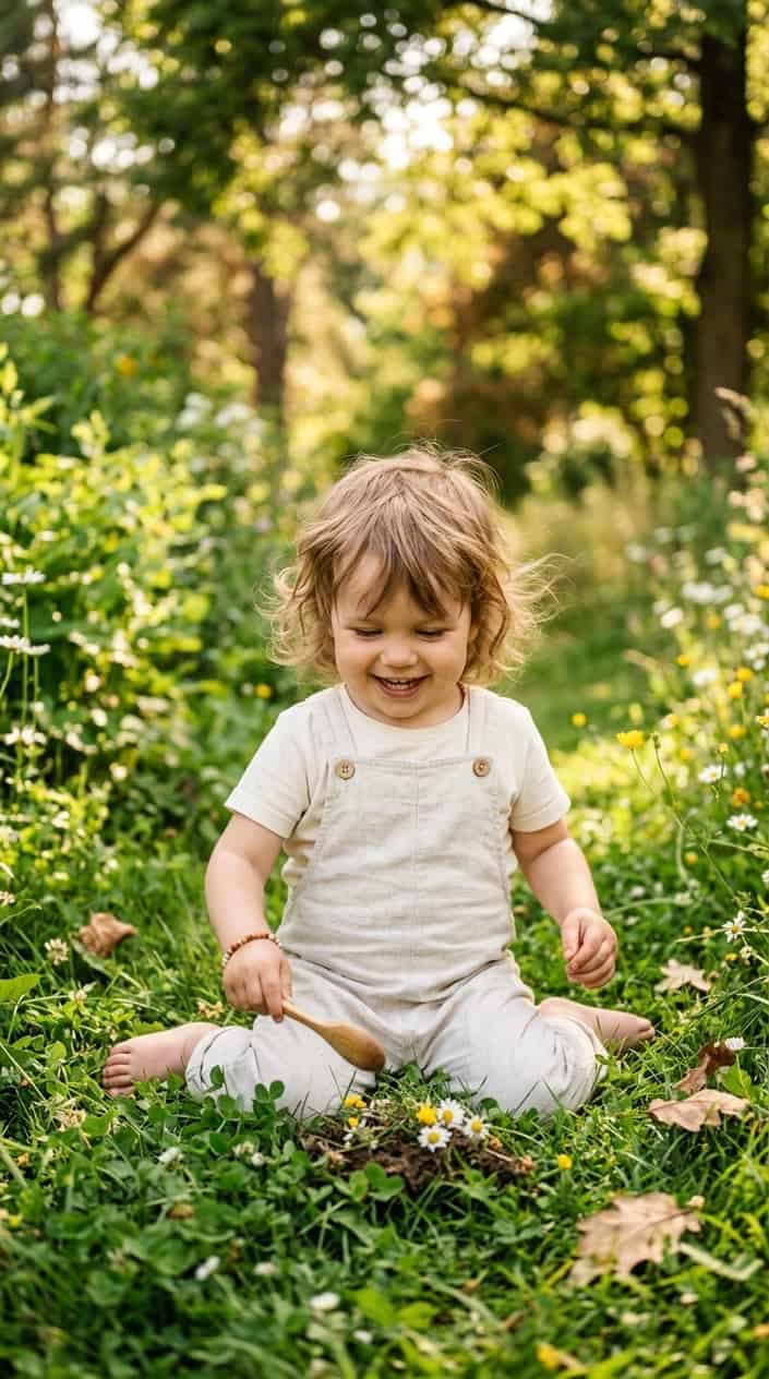 12 Cute Summer Dress Ideas for Toddler Girls Who Hate Wearing Dresses 4 A toddler girl playing outside on a sunny day wearing light-colored overalls.