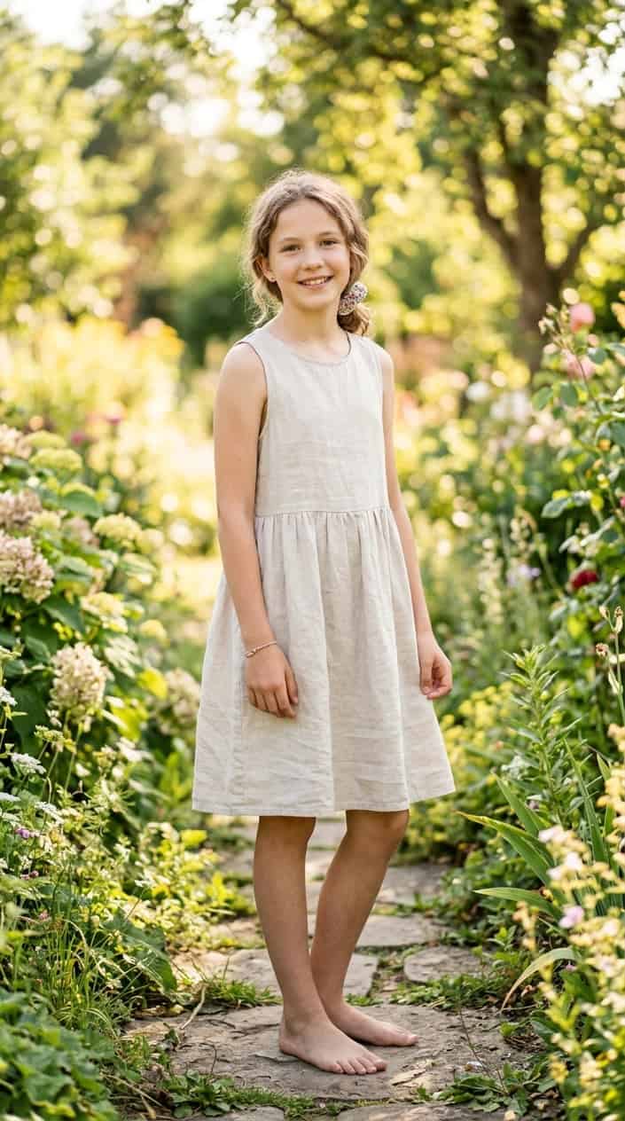 18 Tween Girl Outfits for the Summer They Outgrow Every Shirt 2 A tween girl standing outdoors wearing a lightweight linen dress on a sunny summer day.