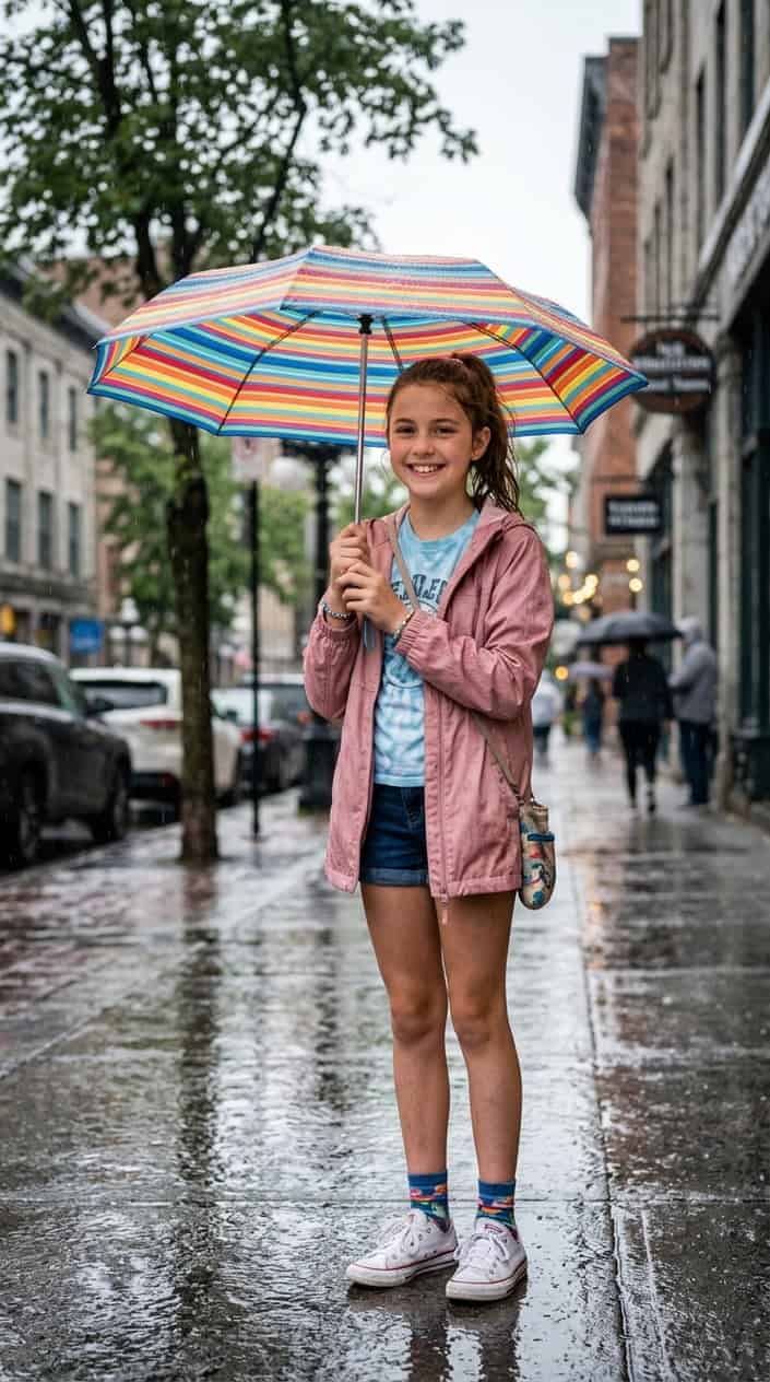 18 Tween Girl Outfits for the Summer They Outgrow Every Shirt 16 A tween girl wearing a lightweight raincoat and holding an umbrella stands on a rainy city street.