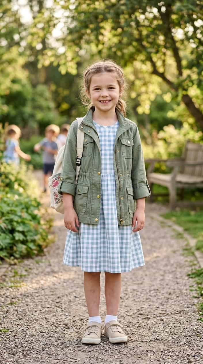 14 School Outfit Ideas for Girls Tired of the Same Three Tops 6 A young girl outdoors wearing a lightweight utility jacket over a gingham dress, smiling and standing in a natural setting.