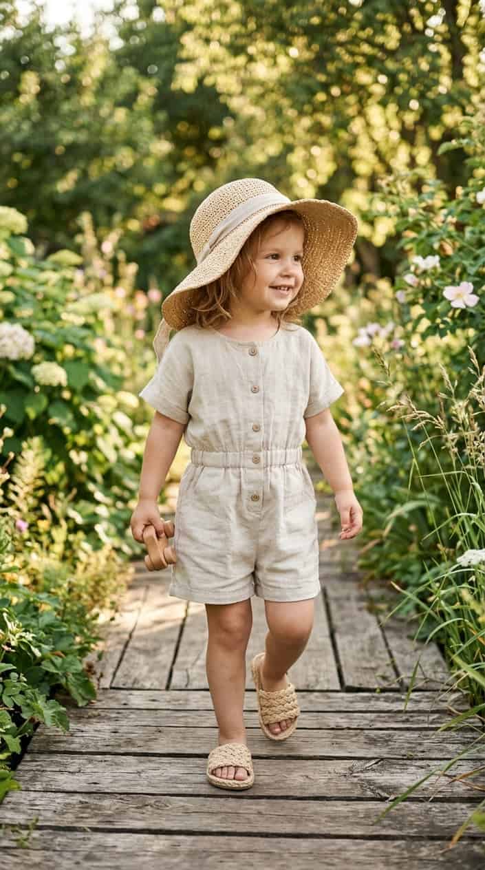 Easy Mix-and-Match Toddler Girl Summer Outfits 4 A toddler girl wearing a linen romper, oversized sun hat, and woven slides standing outdoors on a sunny day.