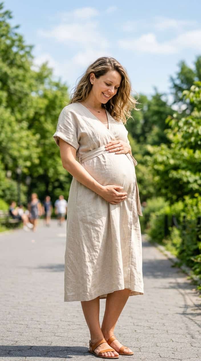 Pregnant woman outdoors wearing a beige linen wrap dress, gently holding her baby bump and smiling on a sunny summer day.
