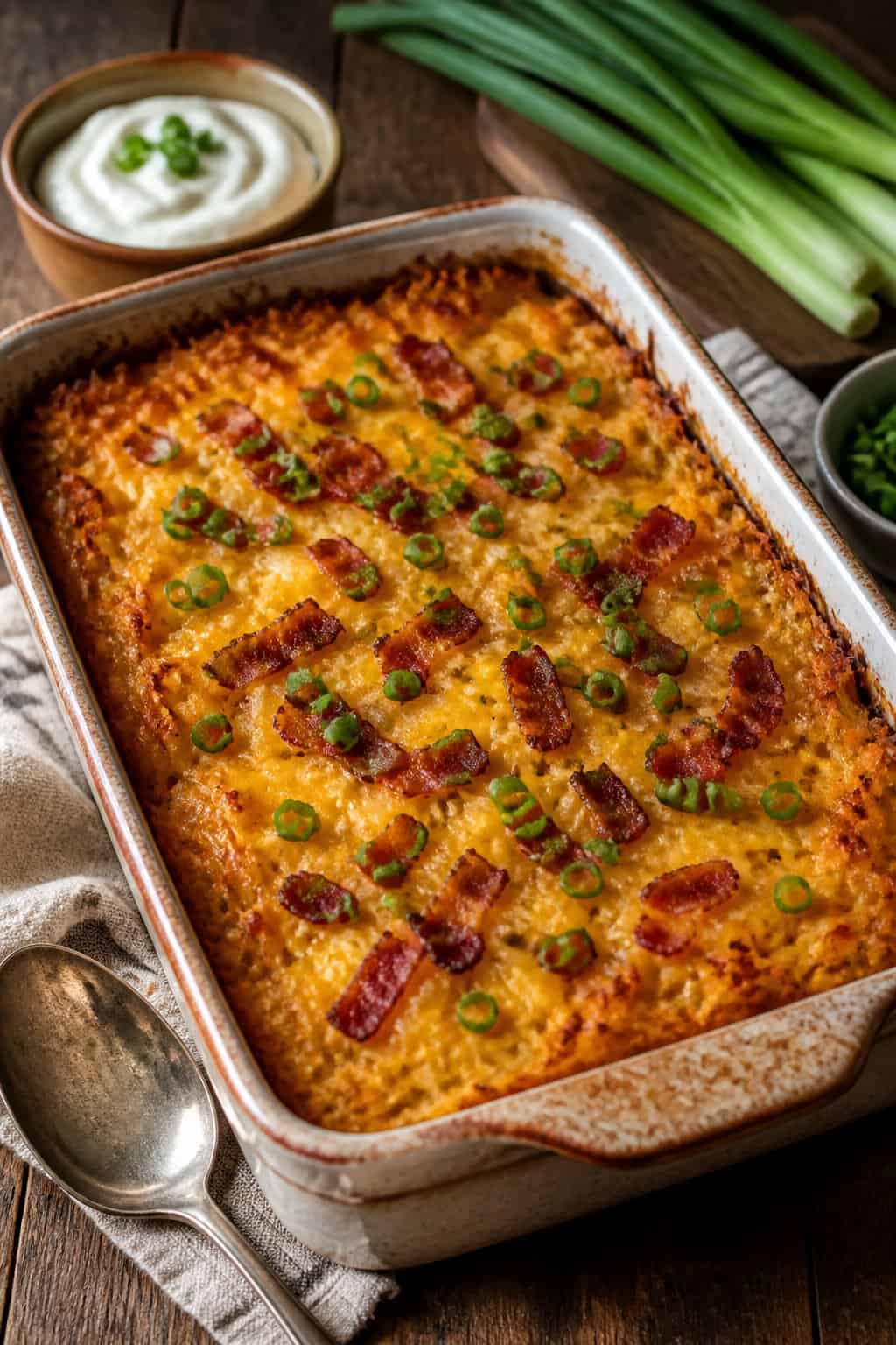 A baked potato hashbrown casserole topped with bacon and green onions in a baking dish on a wooden table.