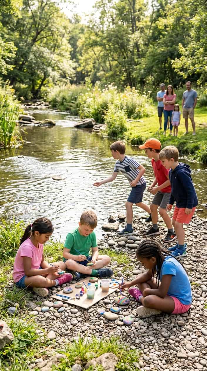 Children painting pebbles and skipping stones by a clear creek surrounded by trees and grass on a sunny day.