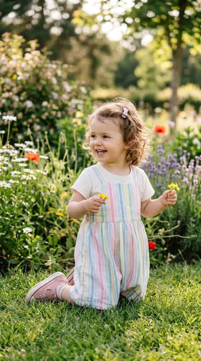 12 Cute Summer Dress Ideas for Toddler Girls Who Hate Wearing Dresses 10 A toddler girl wearing a loose pinafore dress over a simple t-shirt, playing outside on a sunny day.