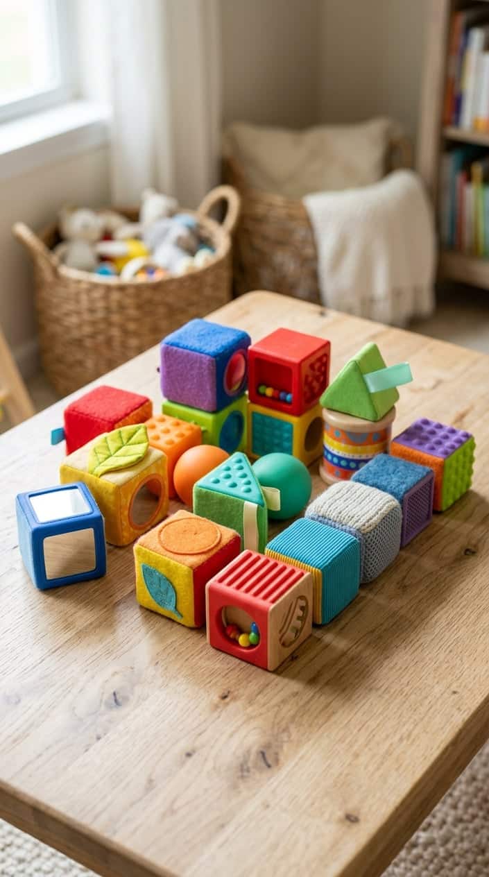 Colorful sensory blocks for babies arranged on a wooden surface with soft natural lighting.