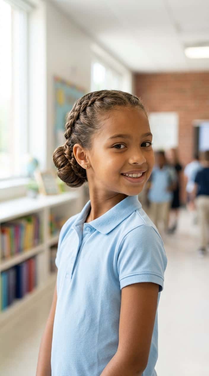 A young girl with a braided hairstyle smiling in a bright school setting.