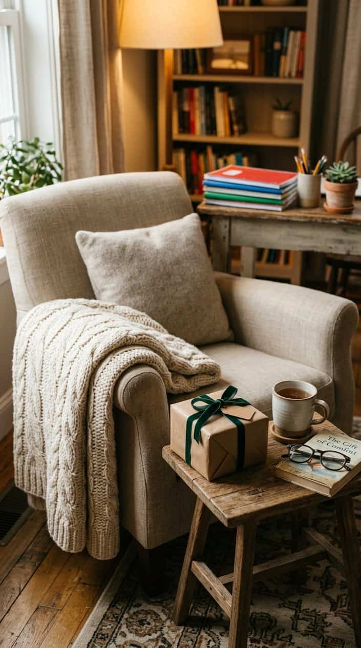 A cozy knit throw blanket draped over an armchair next to a small gift box on a wooden table with notebooks and a mug nearby.
