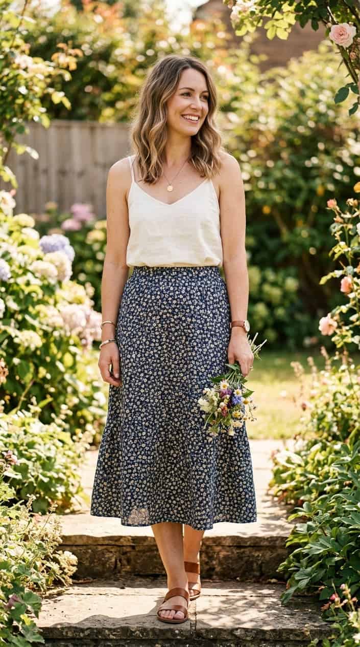 Summer Family Picture Outfits That Coordinate Without Looking Matchy 8 A woman outdoors wearing a floral midi skirt and cream camisole standing in soft sunlight with greenery in the background.