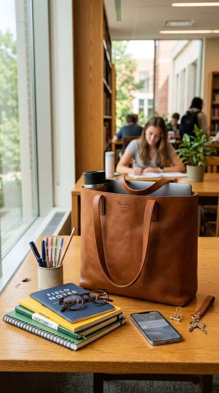 A leather tote bag on a wooden surface surrounded by school supplies including notebooks and pens, with natural light coming through a window.