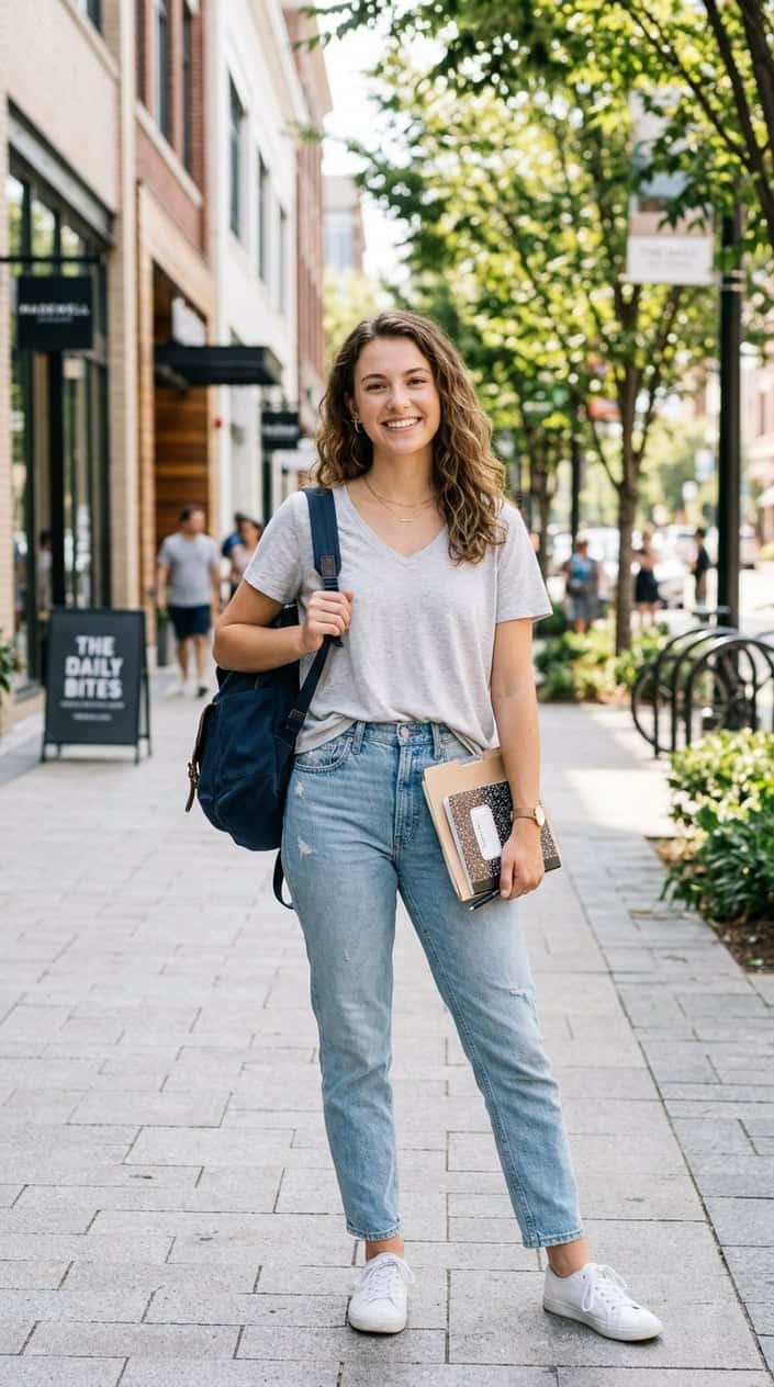 A young woman wearing a light-colored cotton V-neck shirt stands outdoors with a backpack and notebooks, ready for school.