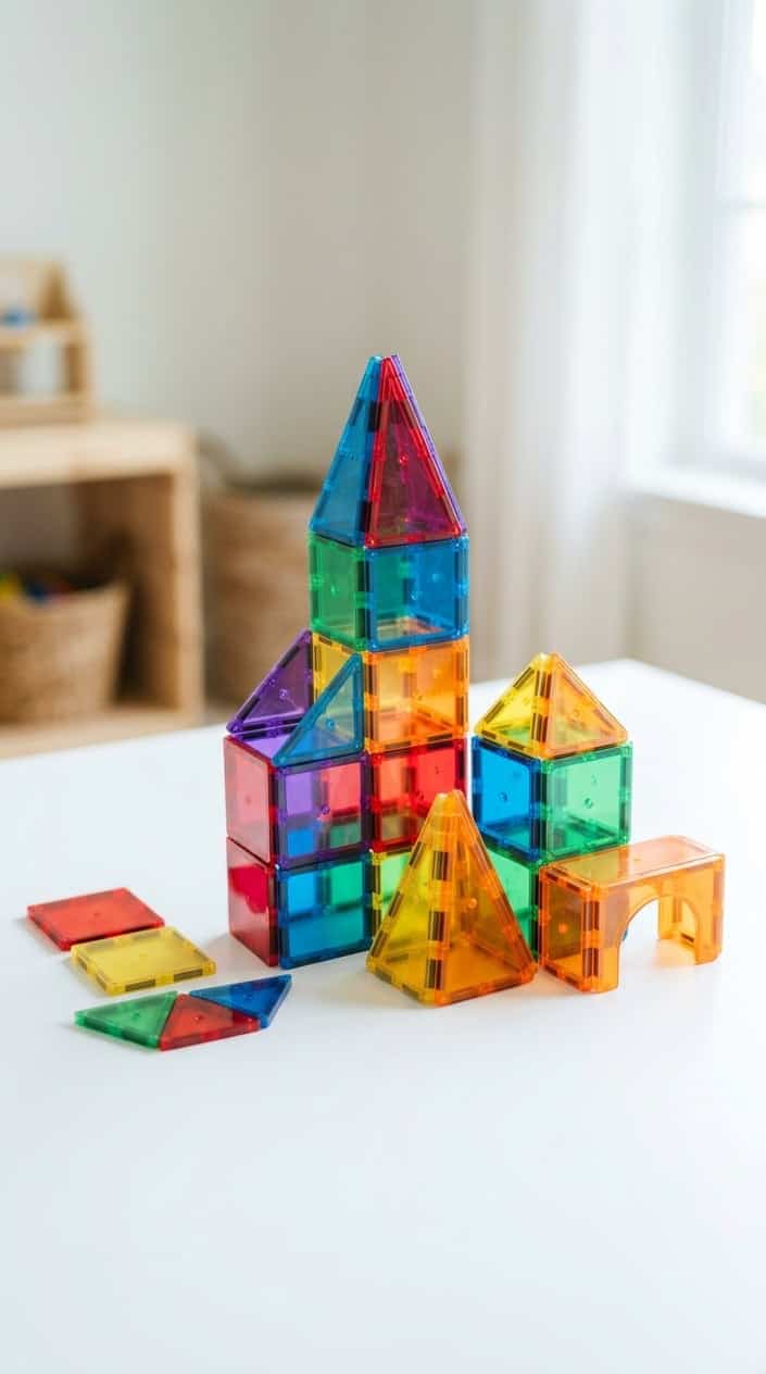 A set of colorful translucent Magna-Tiles magnetic shapes arranged on a white surface.