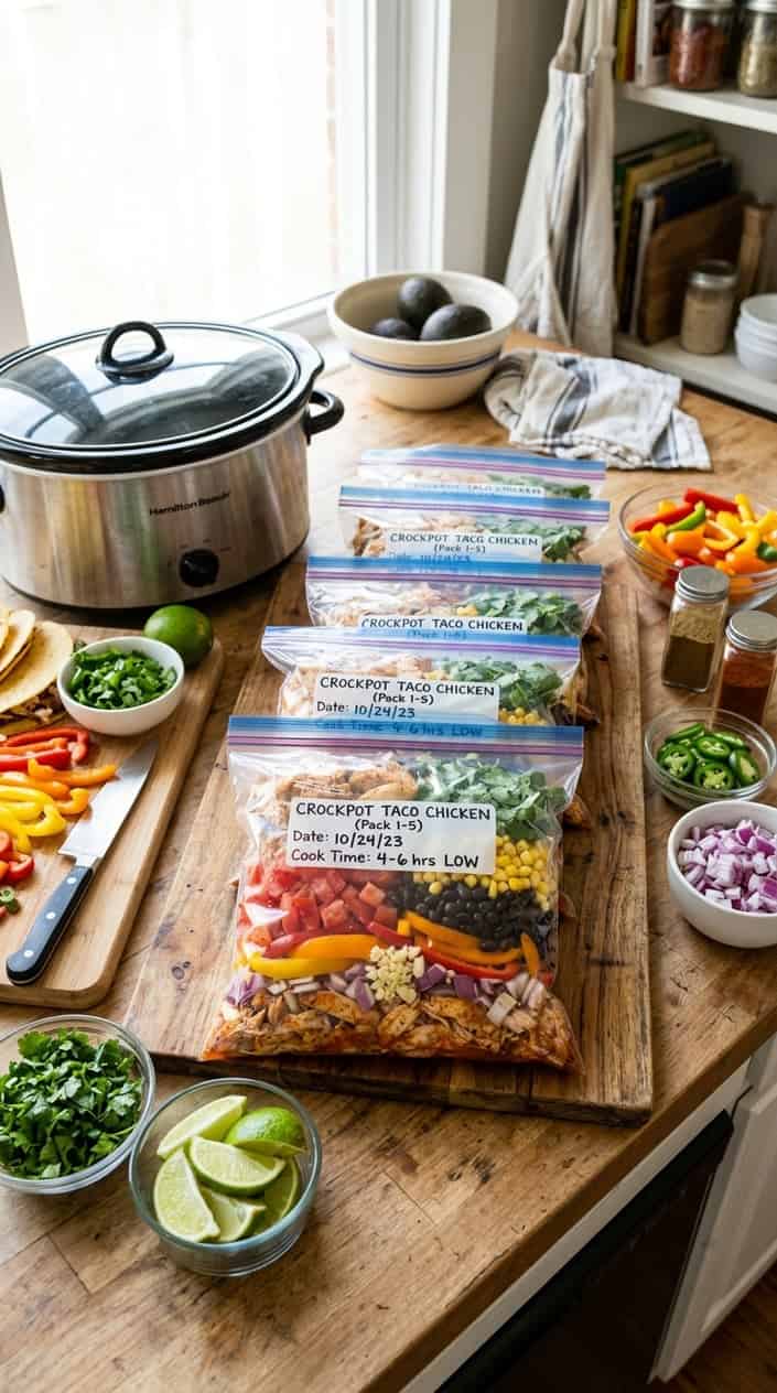 17 Crockpot Chicken Tacos and Bowls for Busy Families 7 Labeled zip-lock freezer bags filled with seasoned shredded chicken and diced vegetables arranged flat on a kitchen countertop, with a slow cooker visible in the background.