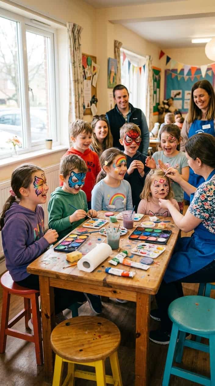 Children with simple face paint designs smiling and sitting around a table with face painting supplies and a slightly messy setup.