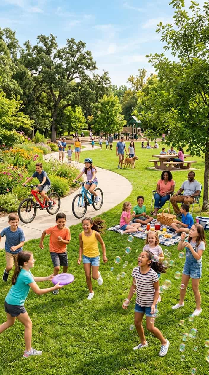 18 Kid-Friendly Outdoor Summer Activities for Tweens and Older Kids 22 A multigenerational family spread across a sunny backyard, kids kicking a ball near a picnic table where adults sit with drinks and an open Bible resting on the corner.