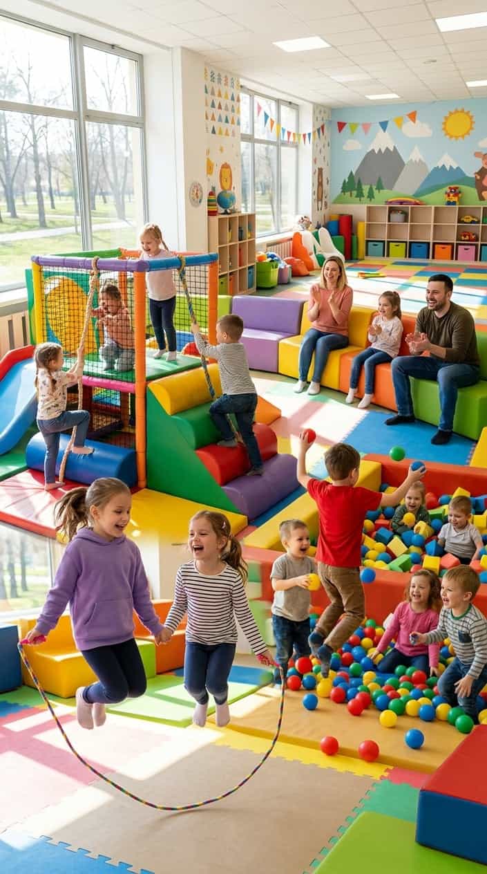 Children actively playing and exercising in a bright indoor playroom with adults nearby.