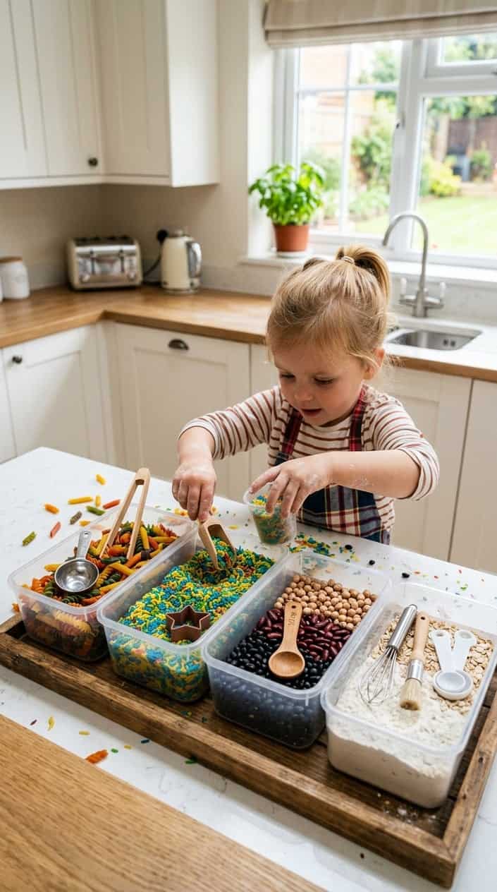 A child's hands exploring sensory bins filled with dried pasta, rice, and kitchen utensils on a kitchen countertop.