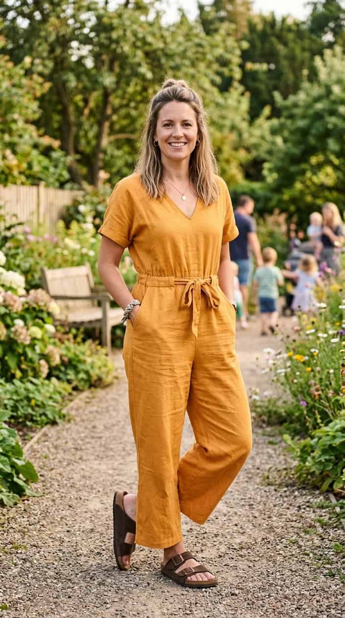 Summer Family Picture Outfits That Coordinate Without Looking Matchy 16 A woman standing outdoors wearing a mango-colored jumpsuit and Birkenstock sandals with a blurred green background.