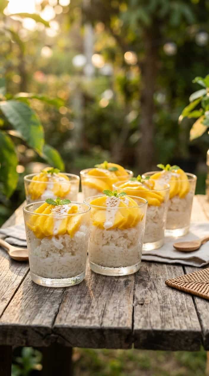Several cups of mango sticky rice dessert on a wooden table outdoors with warm sunlight and greenery in the background.