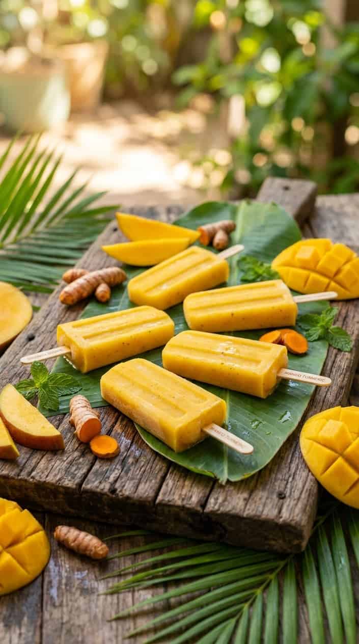 Bright yellow-orange popsicles on a worn wooden board surrounded by fresh mango slices, knobby turmeric roots, and a few tropical leaves.