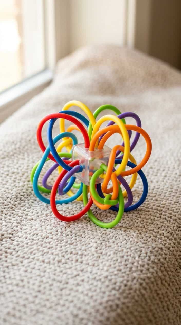 A colorful baby teether toy with interwoven loops placed on a soft surface.